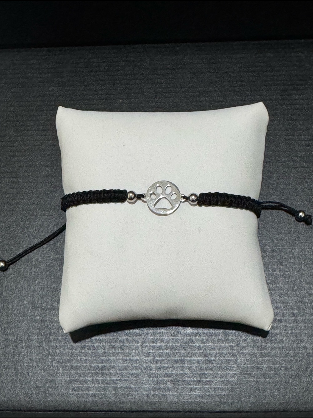 Handmade Black Cord Paw Print Bracelet Stainless Steel Adjustable